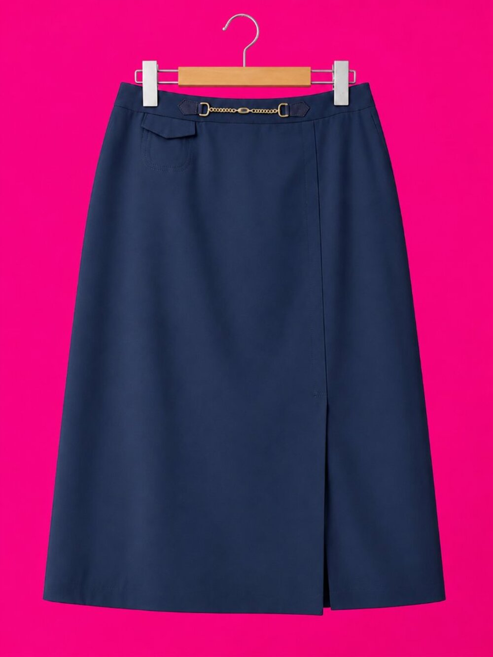 Classic Minimalist Navy Skirt Gold Chain Detail Wool Blend Fully Lined
